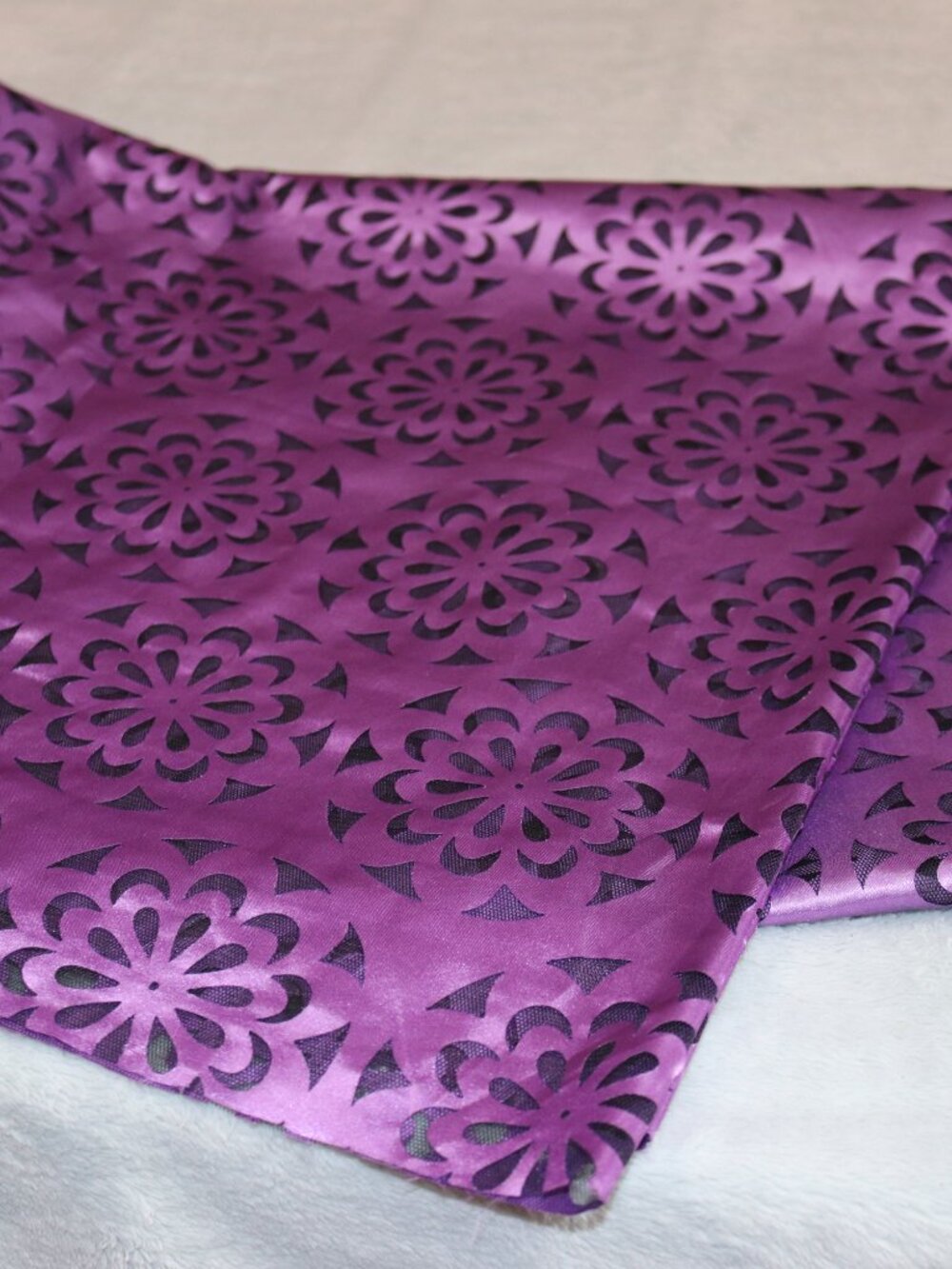 Purple and black satin and lace tablecloth. 61 x 70.